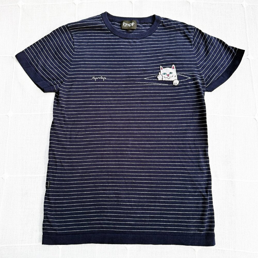 RIPNDIP Striped Peeking Nermal Pocket T-Shirt – Navy & White, Size S